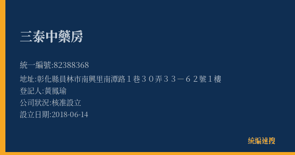 三泰中藥房的照片-統編 82388368(彰化縣) 公司登記資料與營業項目詳細圖表