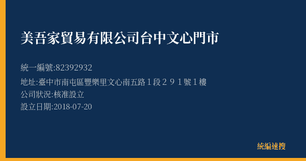 美吾家貿易有限公司台中文心門市的照片-統編 82392932(臺中市) 公司登記資料與營業項目詳細圖表