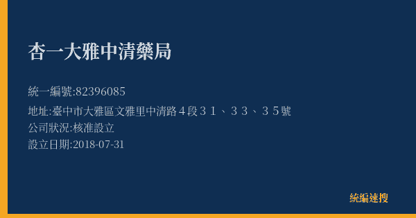 杏一大雅中清藥局的照片-統編 82396085(臺中市) 公司登記資料與營業項目詳細圖表