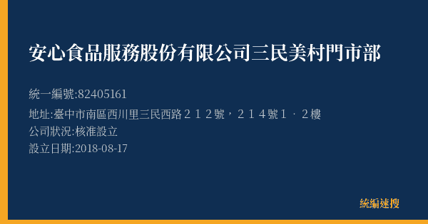安心食品服務股份有限公司三民美村門市部的照片-統編 82405161(臺中市) 公司登記資料與營業項目詳細圖表