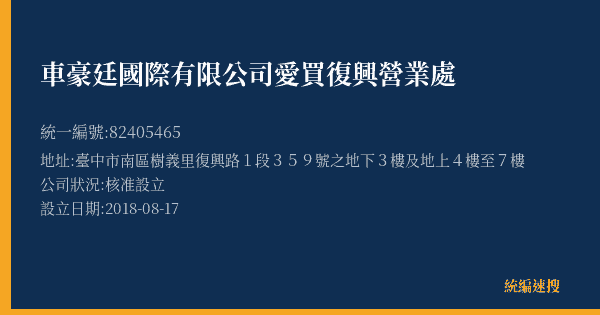 車豪廷國際有限公司愛買復興營業處的照片-統編 82405465(臺中市) 公司登記資料與營業項目詳細圖表
