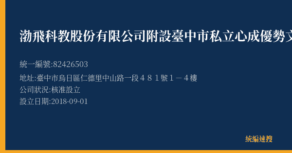 渤飛科教股份有限公司附設臺中市私立心成優勢文理短期補習班的照片-統編 82426503(臺中市) 公司登記資料與營業項目詳細圖表