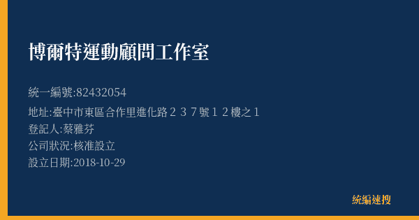 博爾特運動顧問工作室的照片-統編 82432054(臺中市) 公司登記資料與營業項目詳細圖表