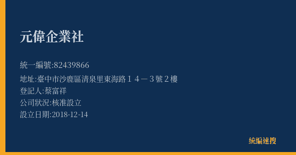 元偉企業社的照片-統編 82439866(臺中市) 公司登記資料與營業項目詳細圖表