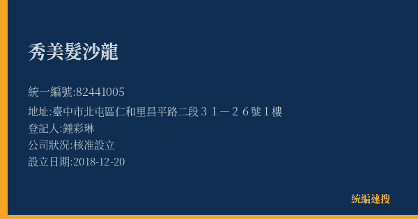 秀美髮沙龍的照片-統編 82441005(臺中市) 公司登記資料與營業項目詳細圖表