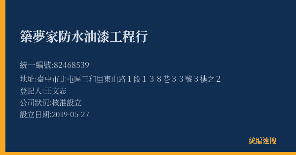 築夢家防水油漆工程行的照片-統編 82468539(臺中市) 公司登記資料與營業項目詳細圖表