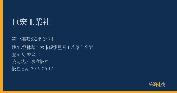 巨宏工業社的照片-統編 82493474(雲林縣) 公司登記資料與營業項目詳細圖表
