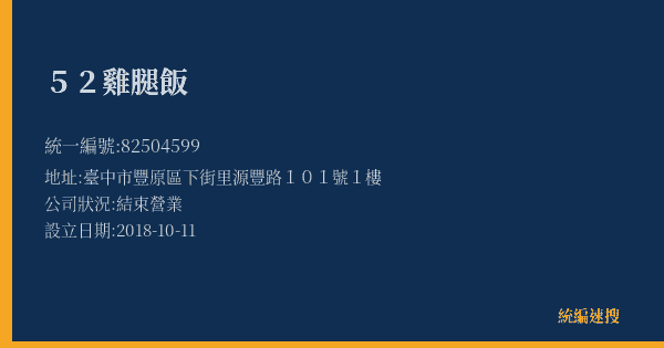 52雞腿飯的照片-統編 82504599(臺中市) 公司登記資料與營業項目詳細圖表