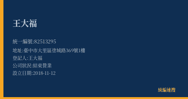 王大福的照片-統編 82513295(臺中市) 公司登記資料與營業項目詳細圖表