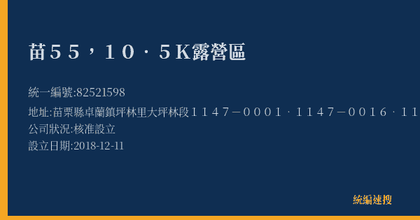 苗55,10.5K露營區的照片-統編 82521598(苗栗縣) 公司登記資料與營業項目詳細圖表