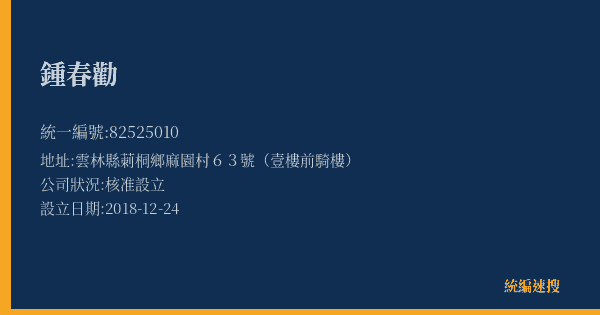 鍾春勸的照片-統編 82525010(雲林縣) 公司登記資料與營業項目詳細圖表