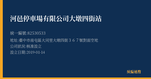 河邑停車場有限公司大墩四街站的照片-統編 82530533(臺中市) 公司登記資料與營業項目詳細圖表