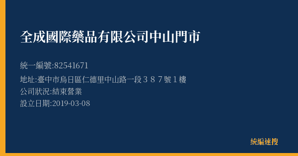 全成國際藥品有限公司中山門市的照片-統編 82541671(臺中市) 公司登記資料與營業項目詳細圖表