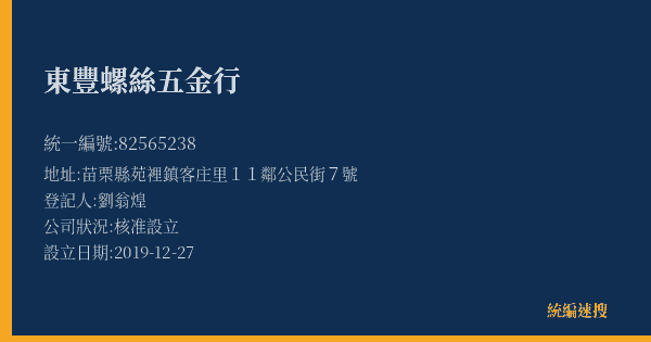 東豐螺絲五金行的照片-統編 82565238(苗栗縣) 公司登記資料與營業項目詳細圖表