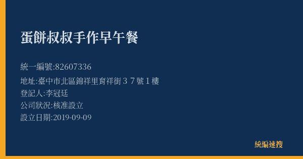 蛋餅叔叔手作早午餐的照片-統編 82607336(臺中市) 公司登記資料與營業項目詳細圖表