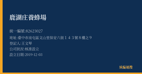 鹿湖庄養蜂場的照片-統編 82623027(臺中市) 公司登記資料與營業項目詳細圖表
