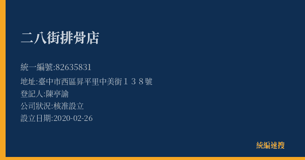 二八街排骨店的照片-統編 82635831(臺中市) 公司登記資料與營業項目詳細圖表