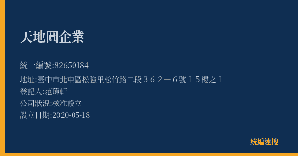 天地圓企業的照片-統編 82650184(臺中市) 公司登記資料與營業項目詳細圖表