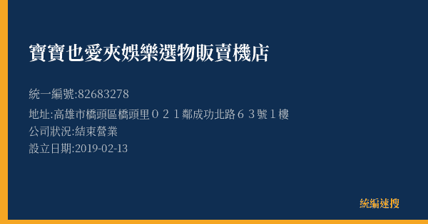 寶寶也愛夾娛樂選物販賣機店的照片-統編 82683278(高雄市) 公司登記資料與營業項目詳細圖表