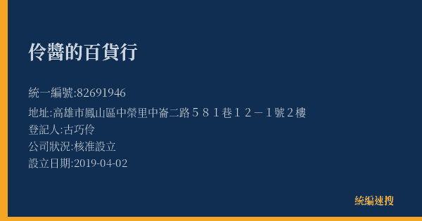 伶醬的百貨行的照片-統編 82691946(高雄市) 公司登記資料與營業項目詳細圖表
