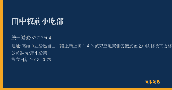 田中板前小吃部的照片-統編 82712604(高雄市) 公司登記資料與營業項目詳細圖表