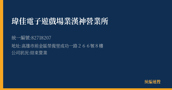 瑋佳電子遊戲場業漢神營業所的照片-統編 82718207(高雄市) 公司登記資料與營業項目詳細圖表