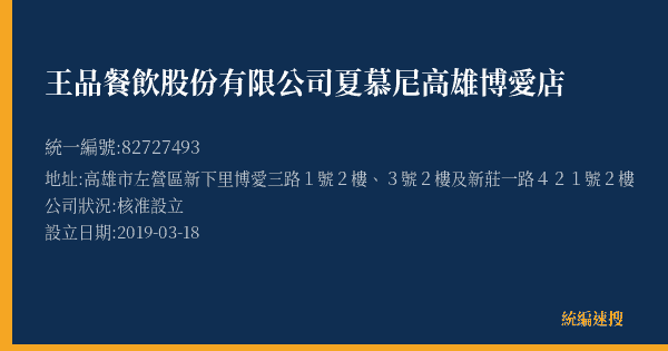 王品餐飲股份有限公司夏慕尼高雄博愛店的照片-統編 82727493(高雄市) 公司登記資料與營業項目詳細圖表