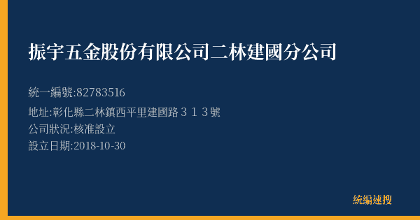 振宇五金股份有限公司二林建國分公司的照片-統編 82783516(彰化縣) 公司登記資料與營業項目詳細圖表