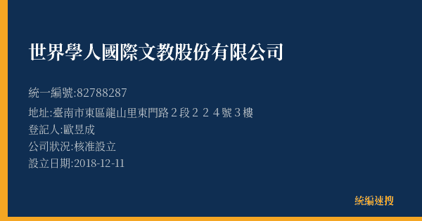 世界學人國際文教股份有限公司的照片-統編 82788287(臺南市) 公司登記資料與營業項目詳細圖表