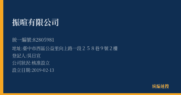 振喧有限公司的照片-統編 82805981(臺中市) 公司登記資料與營業項目詳細圖表