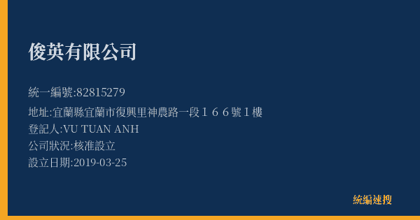 俊英有限公司的照片-統編 82815279(宜蘭縣) 公司登記資料與營業項目詳細圖表