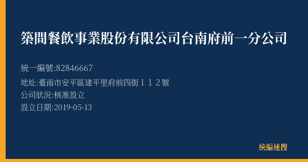 築間餐飲事業股份有限公司台南府前一分公司的照片-統編 82846667(臺南市) 公司登記資料與營業項目詳細圖表
