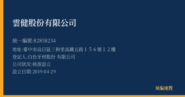 雲健股份有限公司的照片-統編 82858234(臺中市) 公司登記資料與營業項目詳細圖表