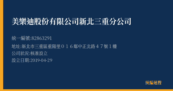 美樂迪股份有限公司新北三重分公司的照片-統編 82863291(新北市) 公司登記資料與營業項目詳細圖表