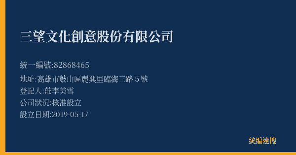 三望文化創意股份有限公司的照片-統編 82868465(高雄市) 公司登記資料與營業項目詳細圖表