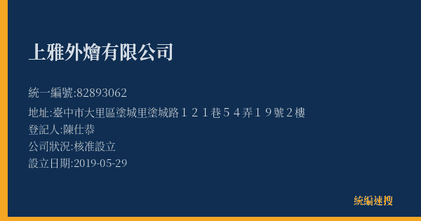 上雅外燴有限公司的照片-統編 82893062(臺中市) 公司登記資料與營業項目詳細圖表