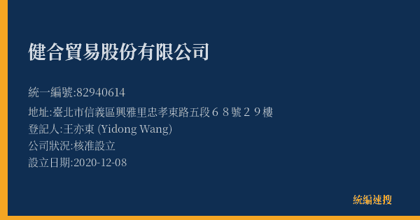 健合貿易股份有限公司的照片-統編 82940614(臺北市) 公司登記資料與營業項目詳細圖表