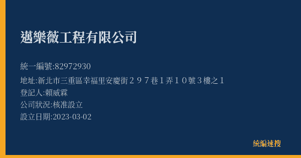 邁樂薇工程有限公司的照片-統編 82972930(新北市) 公司登記資料與營業項目詳細圖表