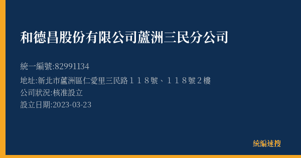 和德昌股份有限公司蘆洲三民分公司的照片-統編 82991134(新北市) 公司登記資料與營業項目詳細圖表