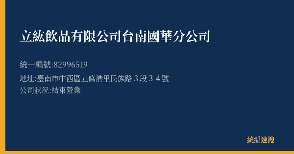 立紘飲品有限公司台南國華分公司的照片-統編 82996519(臺南市) 公司登記資料與營業項目詳細圖表