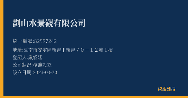 劃山水景觀有限公司的照片-統編 82997242(臺南市) 公司登記資料與營業項目詳細圖表