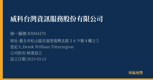 威科台灣資訊服務股份有限公司的照片-統編 83004170(臺北市) 公司登記資料與營業項目詳細圖表