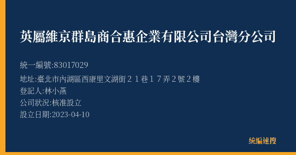 英屬維京群島商合惠企業有限公司台灣分公司的照片-統編 83017029(臺北市) 公司登記資料與營業項目詳細圖表