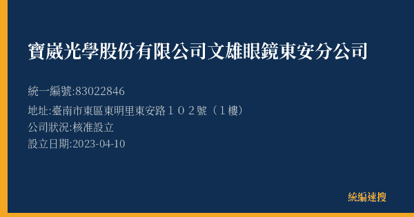 寶崴光學股份有限公司文雄眼鏡東安分公司的照片-統編 83022846(臺南市) 公司登記資料與營業項目詳細圖表