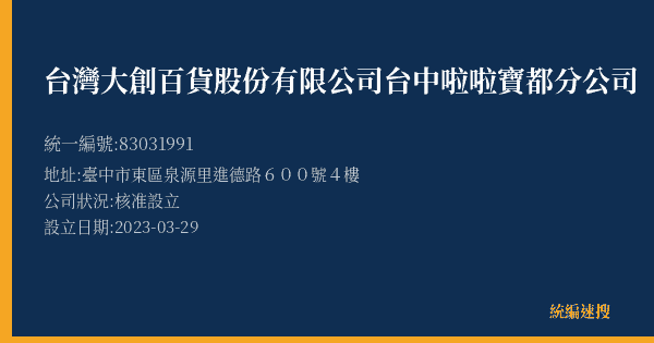台灣大創百貨股份有限公司台中啦啦寶都分公司的照片-統編 83031991(臺中市) 公司登記資料與營業項目詳細圖表