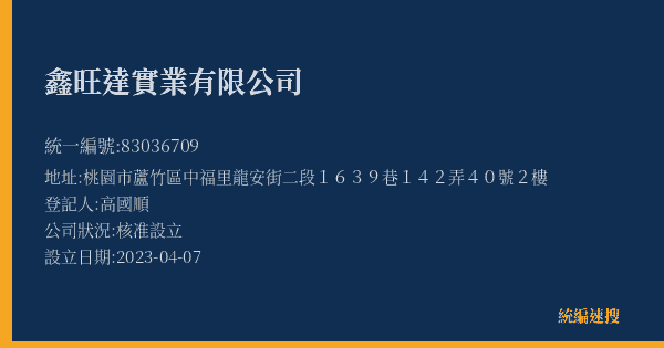 鑫旺達實業有限公司的照片-統編 83036709(桃園市) 公司登記資料與營業項目詳細圖表