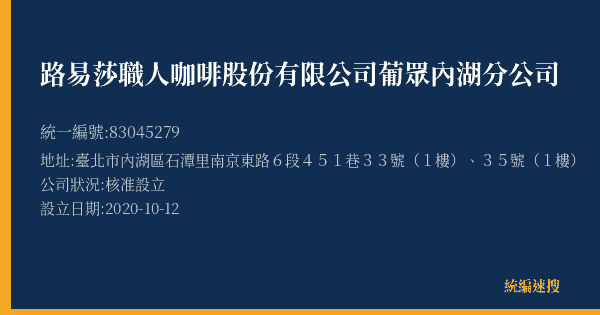 路易莎職人咖啡股份有限公司葡眾內湖分公司的照片-統編 83045279(臺北市) 公司登記資料與營業項目詳細圖表