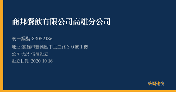 商邦餐飲有限公司高雄分公司的照片-統編 83052186(高雄市) 公司登記資料與營業項目詳細圖表