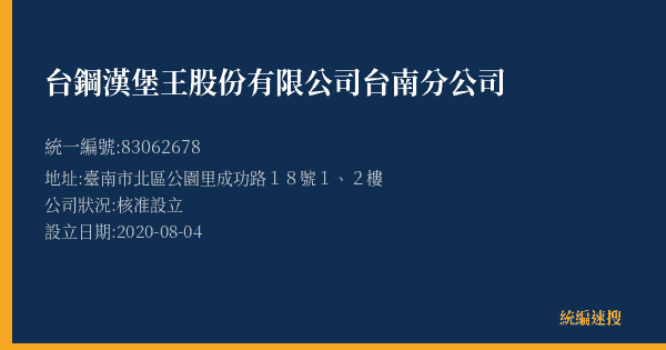 台鋼漢堡王股份有限公司台南分公司的照片-統編 83062678(臺南市) 公司登記資料與營業項目詳細圖表