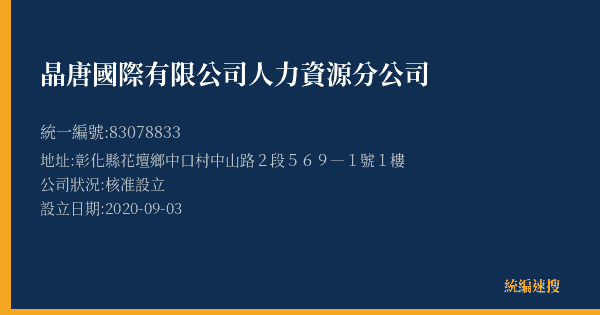晶唐國際有限公司人力資源分公司的照片-統編 83078833(彰化縣) 公司登記資料與營業項目詳細圖表
